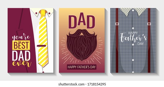 Juego de cartas o afiches para el Feliz Día del Padre. Suit y empate con una frase linda para papá, barba y bigote, pantalones y tirantes. A4 ilustraciones vectoriales para tarjeta, postal, banner, portada.