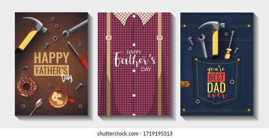 Set of cards or posters for Happy Father's Day. Plaid shirt with suspenders, denim pocket, tools, bolts, nuts, coffee and donut. A4 vector illustrations for banner, card, postcard, poster, cover.