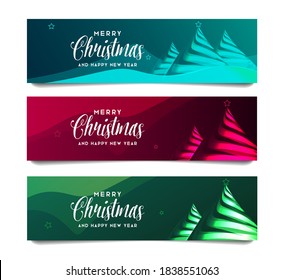 Set Of Cards Or Posters For Merry Christmas And Happy New Year Greeting With Stylized Ribbon Christmas Tree With Star And Fancy Calligraphy Signature