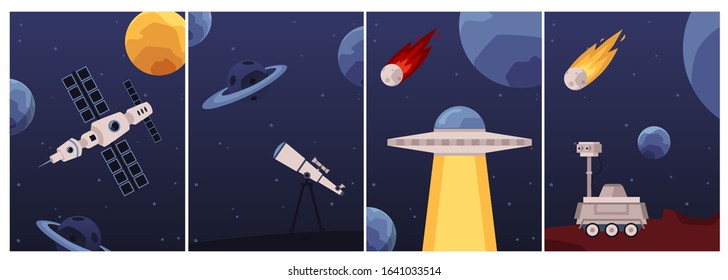 Set of cards or posters on space travel and astronomy topic with spaceship and rocket, vector illustration. Fantasy backgrounds collection with planets and stars.