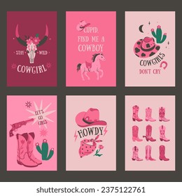 A set of cards or posters in pink colors in the cowgirl style. Vector graphics.