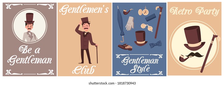 Set of cards or posters for retro gentleman party and club with cartoon men dressed in fashion of 19th century, flat vector illustration. Banners for gentleman event.