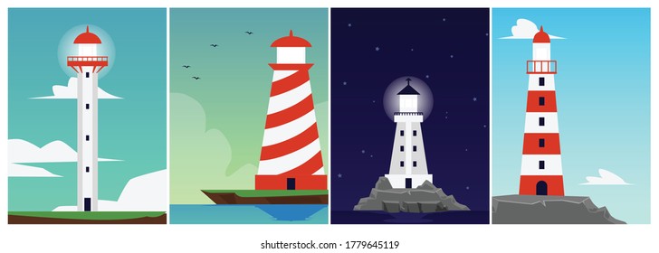 Set of cards or posters with sea lighthouse or beacon buildings at day and night, flat cartoon vector illustration. Seashore landscape backgrounds with lighthouses.
