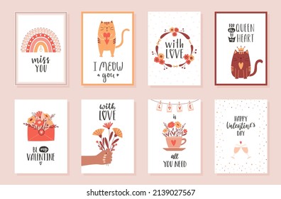 A set of cards, posters for Valentine's day with handwritten lettering phrases and a boho rainbow, cats, flower wreaths, an envelope and a cup with flowers. Cute vector illustrations in cartoon style.