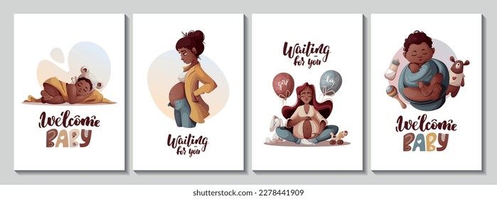Set of cards with pregnant women, newborn babies, baby toys. Motherhood, Pregnancy, Childbirth, baby waiting, babyhood concept. Vector Illustration for poster, card, postcard, cover.