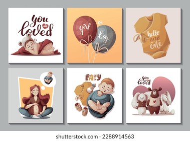 Set of cards with pregnant women, newborn babies, baby toys. Motherhood, Pregnancy, Childbirth, baby waiting, babyhood concept. Square Vector Illustration for poster, card, postcard, cover.