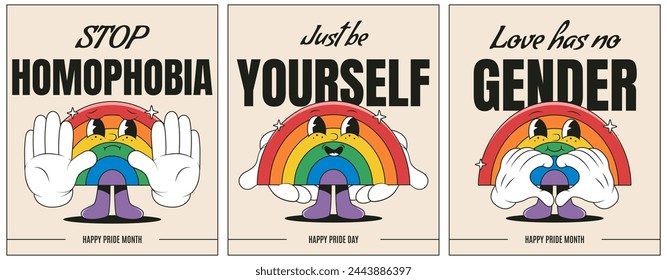 Set of cards for the Pride month celebration. Cute rainbow flag in groovy retro style. Stop Homophobia poster.