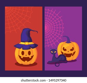 set of cards with pumpkins and icons halloween