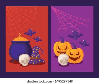 set of cards with pumpkins and icons halloween