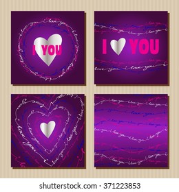 Set of cards for purple valentines design. Card with heart shape, circle, square frame. Silver hearts and handwritten I love you words frame background. Love tags and badges for valentine day greeting