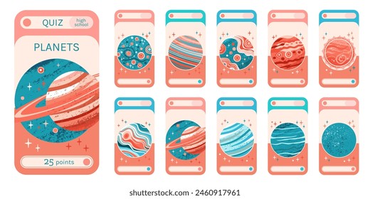 Set of cards with questions for school children's astronomy quiz on theme of planets of solar system. Vector layouts and templates for text in flat style with textures. Educational material.