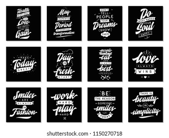 Set of cards with quotes. Vector typography design. Motivational and inspirational phrases. Usable as print for tee shirt, banner or postcard. Journaling cards with quotes.