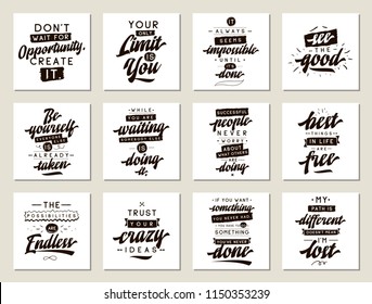 Set of cards with quotes. Vector typography design. Motivational and inspirational phrases. Usable as print for tee shirt, banner or postcard. Journaling cards with quotes.