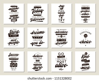 Set of cards with quotes. Vector typography design. Motivational and inspirational phrases. Usable as print for tee shirt, banner or postcard. Journaling cards with quotes.