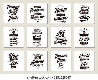 Set of cards with quotes. Vector typography design. Motivational and inspirational phrases. Usable as print for tee shirt, banner or postcard. Journaling cards with quotes.