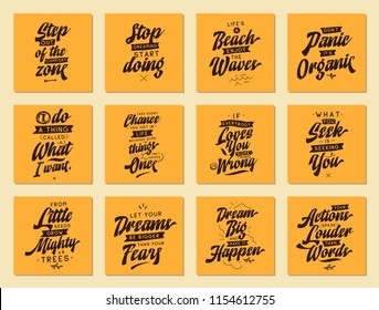 Set of cards with quotes. Vector typography design. Motivational and inspirational phrases. Usable as print for tee shirt, banner or postcard. Journaling cards with quotes.