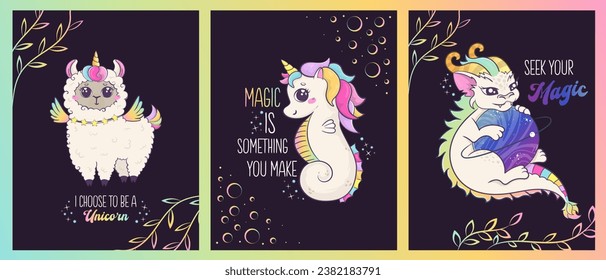 set of cards with rainbow kawaii animals and funny magic slogans. Postcards, posters for nursery and baby shower decor.