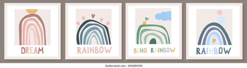 Set of cards with Rainbow and sun in boho style. Hand drawn lettering. Minimalist abstract Scandinavian design in pastel colors. Vector illustration for greeting cards, invitations, clothing print.