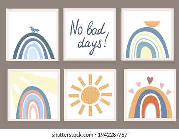 Set of cards with Rainbow and sun in boho style. Hand drawn lettering. Minimalist abstract Scandinavian design in pastel colors. Vector illustration for greeting cards, invitations, clothing print.