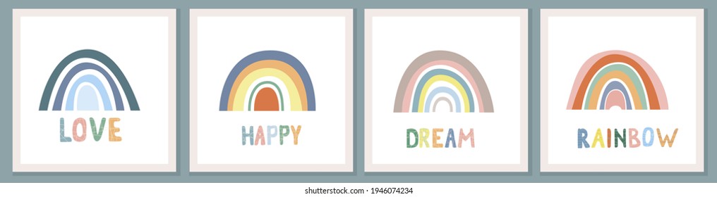 Set of cards with Rainbow and sun in boho style. Hand drawn lettering. Minimalist abstract Scandinavian design in pastel colors. Vector illustration for greeting cards, invitations, clothing print.
