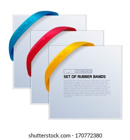 Set of cards with realistic rubber bands of different colors for your design. Vector illustration.