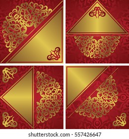 Set of cards with red background and gold vintage decoration   