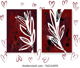 Set of cards with red background, white branches and hearts.