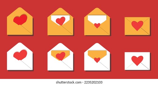 set of cards with red hearts. Envelope with love message. St Valentine day themed vector illustration for icon, Love Envelope set .Love Bundle