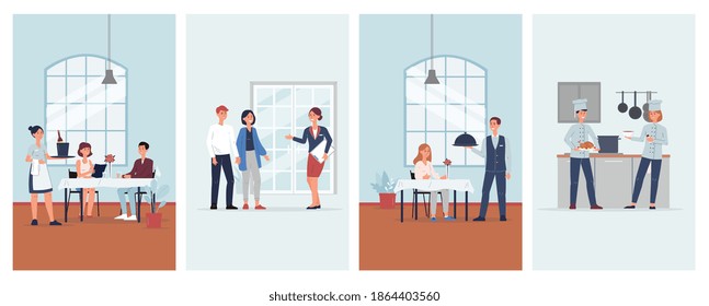 Set cards with restaurant staff at work and people eating out, flat vector illustration. Restaurant food business or Horeca industry banners or posters collection.