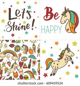 Set of cards with retro colored unicorns, text and other funny stickers and seamless pattern. Hand drawn vector illustration in scandinavian style. 