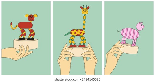 Set cards with Retro Push and Shake toy in hand. Weird Geometry animal. Vector illustration can used children card cover design. EPS 10 Editable stroke.