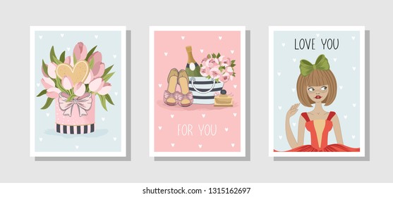 Set of cards with romantic elements. Vector illustration.