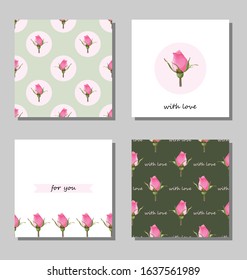 Set of cards with a rose bud. Pink rose. Banner, poster, sticker, print. Vector illustration.