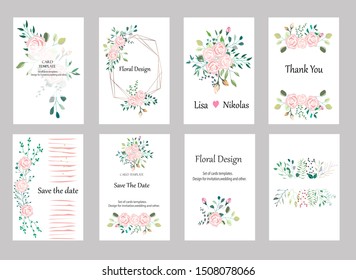 Set of cards with roses,leaves and geometric. Botanic Design for banner, wedding, poster, invitation, cover, placard, brochure, header.