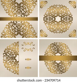 Set of cards with round lace pattern. Vintage background. Gold lace decoration   