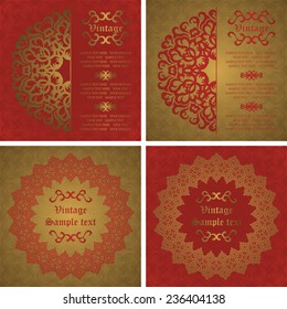 Set of cards with round lace pattern. Vintage background in different colors              