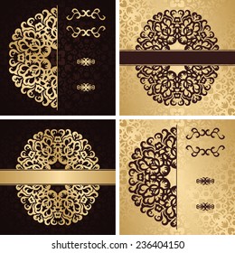 Set of cards with round lace pattern on vintage background      