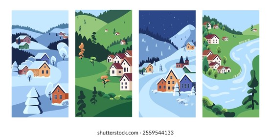 Set of cards with rural landscapes. Countryside nature with houses, snow hills, forests, river. Village, country in different seasons: winter, summer, autumn, spring. Flat vector illustrations