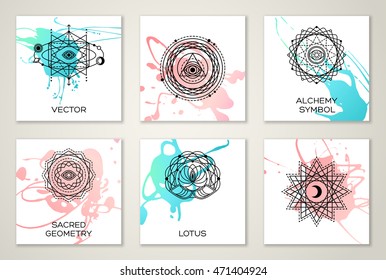 Set of Cards with Sacred Geometry Forms on Watercolor Stains. Eye, Moon and Sun. Vector illustration. Geometric Logo Design, Spirograph Lines. Alchemy Symbol, Occult and Mystic Sign.
