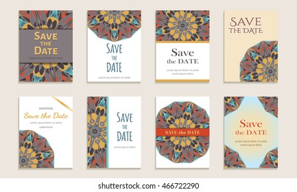 Set of cards save the date. Vintage template colorful circular pattern. Colored vector illustration for form style.