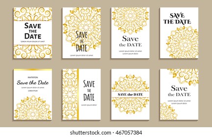 Set of cards save the date. Vintage template golden circular pattern. Vector illustration for corporate identity, individual cards, form style.