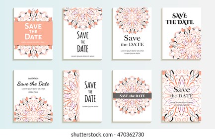 Set of cards save the date. Vintage template pink circular pattern. Vector illustration for corporate identity, individual cards, form style.