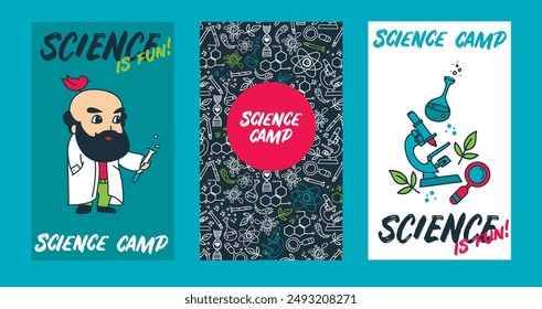 Kartensatz für das Wissenschaftsschulcamp, Vektorillustration