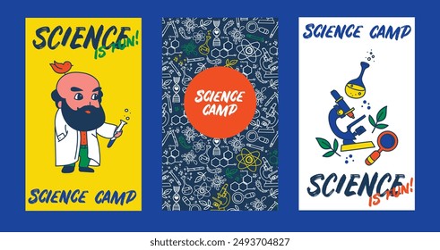Conjunto de tarjetas para el campamento de la escuela de ciencias, Ilustración vectorial