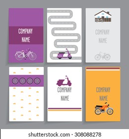 A set of cards with the scooters. It includes six cards with a different design.It contains a motorcycle, scooter, bicycle. Dark gray background.