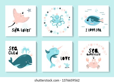 A set of cards with sea animals and seafood. Whale, narwhal, jellyfish, stingray, fish, karushka, starfish, octopus. Childish print for nursery, kids apparel,poster, postcard. Vector Illustration.