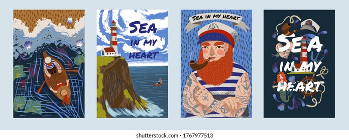 Set of cards with the sea. Sailor, lighthouse, boat trip and marine items. Vector flat cartoon illustration.