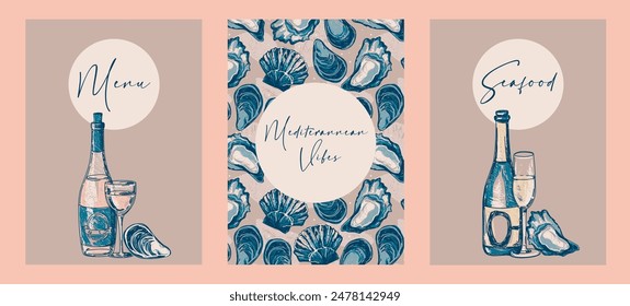 Set of cards for seafood and wine menu, can be used for summer gastronomic festivals, sketch style vector illustration