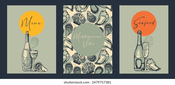 Set of cards for seafood and wine menu, can be used for summer gastronomic festivals, sketch style vector illustration