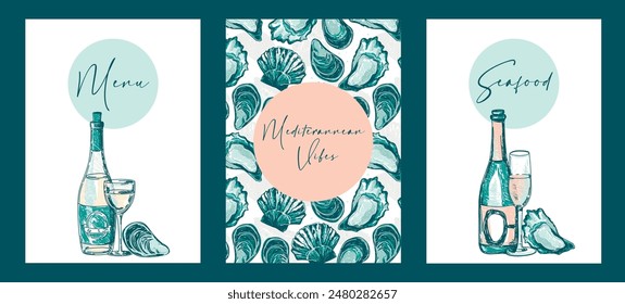 Set of cards for seafood and wine menu, can be used for summer gastronomic festivals, sketch style vector illustration